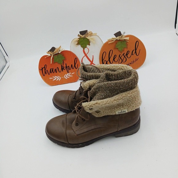 Coolway Bring/Betta Brown Leather Knit Sweater Cuff Ankle Boots Women's Size 8.5 - Picture 11 of 16